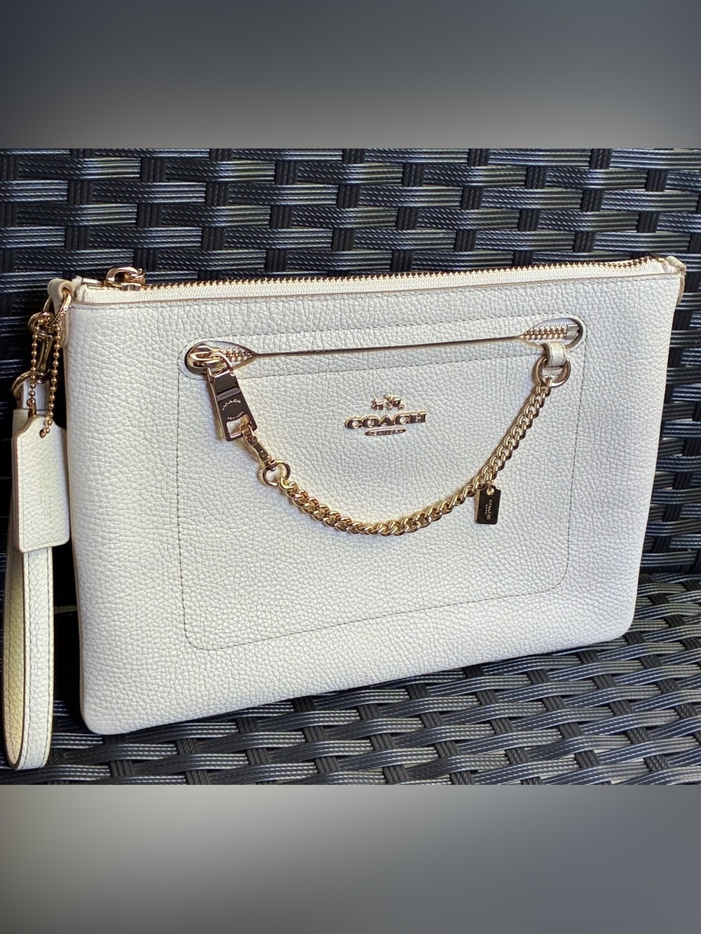 Coach White Pebbled Leather Chain Wristlet Clutch with Gold Hardware - Picture 1 of 14